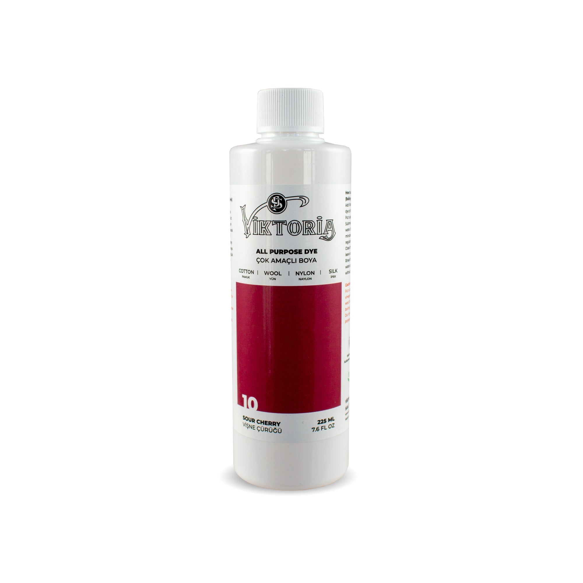 Viktoria all-purpose cherry red fabric dye bottle for cotton, wool, silk, linen, viscose, bamboo, and nylon, 225ml